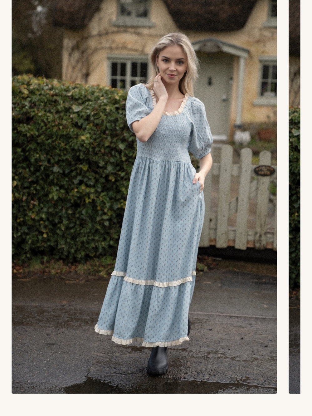 Light Blue Puff-Sleeve Maxi Dress with Ruffle Trim
